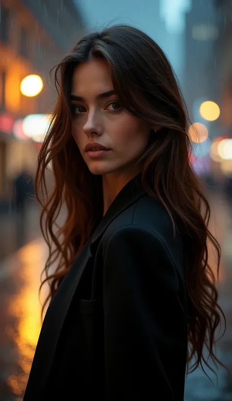 a beautiful woman with long hair in a black blazer suit standing alone in a rainy night cityscape, streetlights, detailed facial features, looking away, high resolution, best quality, extremely detailed, realistic skin, brown hair