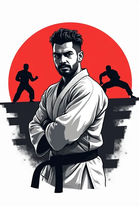 Create a logo for a sit-up, push-up, and steps challenge called Senior Master Challenge using black and red color pallet and martial arts styling. Include a taekwondo master, 50 years old, thin athletic build, Puerto Rican male. Transparent background. 