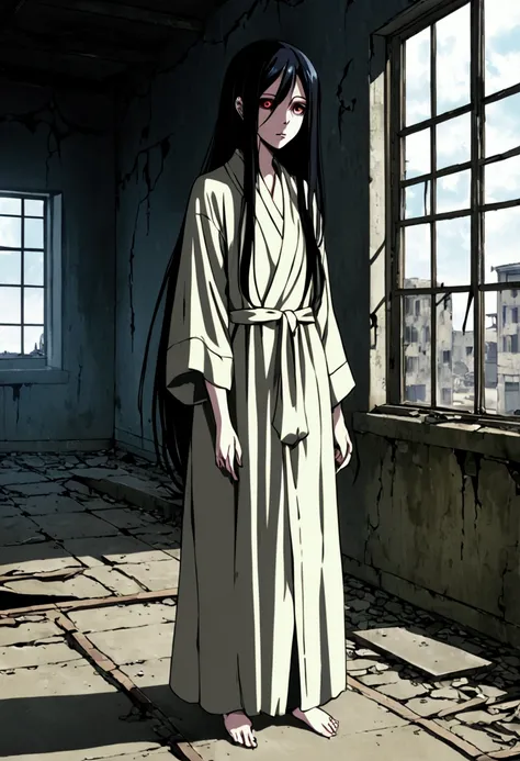 Ghost girl blank stare long black hair pale, anorexic long robe, ghost girl, Abandoned building, old and dirty building.