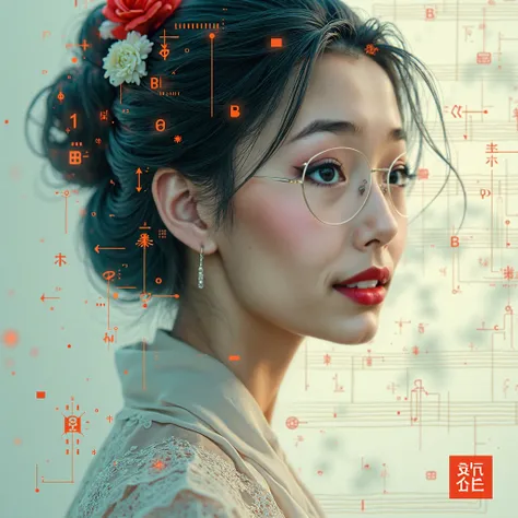 Song album cover image. Background is a Combination of musical notes with circuit board designs, illustrating the blend of traditional music elements with modern AI technology. Overlay with translucent face of a Chinese female singer. Professional artwork ...