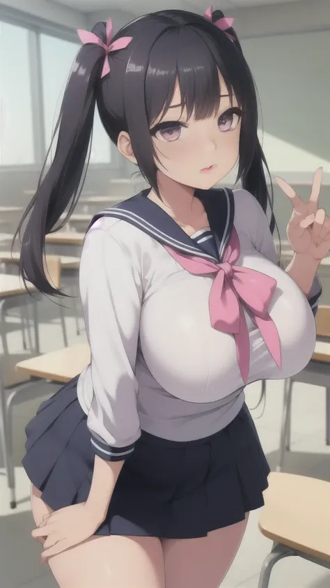 (Best Quality), (((masterpiece))), Black hair twin tails, The inside color is pink, (Beautiful magenta eyes), (Perfect Eyes), ((A proper sailor uniform)), classroom((Huge breasts)), ((A clean navy blue skirt)), mini skirt, (Neat sailor ribbon), ((Perfect F...