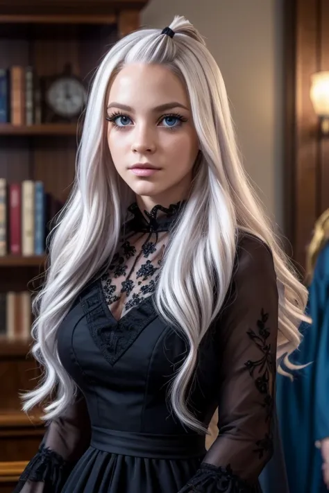 1girl, Mirajane Strauss, beautiful detailed eyes, beautiful detailed lips, extremely detailed eyes and face, long eyelashes, angelic face, straight white wavy hair, blue eyes, black long-sleeved lace dress, sexy, ultra-realistic, 8k, photorealistic, extrem...