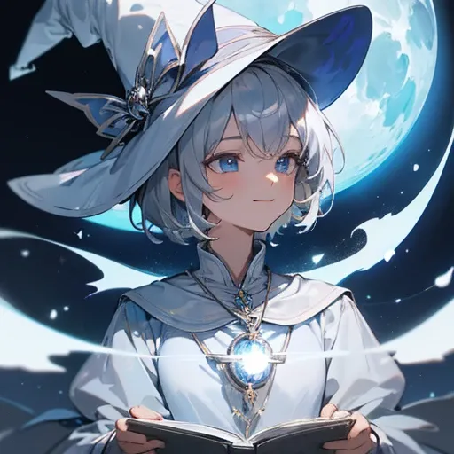 masterpiece, Upper body close-up, great magician, Wizard of the Moon, magical girl, witch, 1girl, smile, Benevolent face, main character, girl, Silver hair, Short Hair, witch ((white Pointed hat)), blue eyes, silver witch clothes, silver Ribbon, cute, ((si...