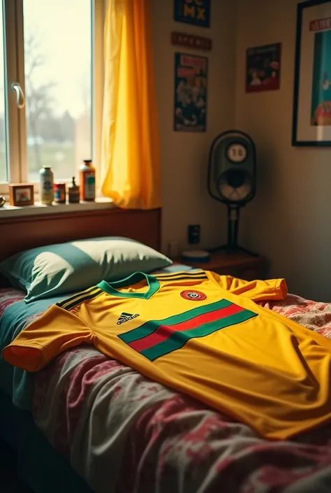 Yellow futbol jersey with green and red stripe with Adidas logo , laid on bed in teen boys room with retro ambience 