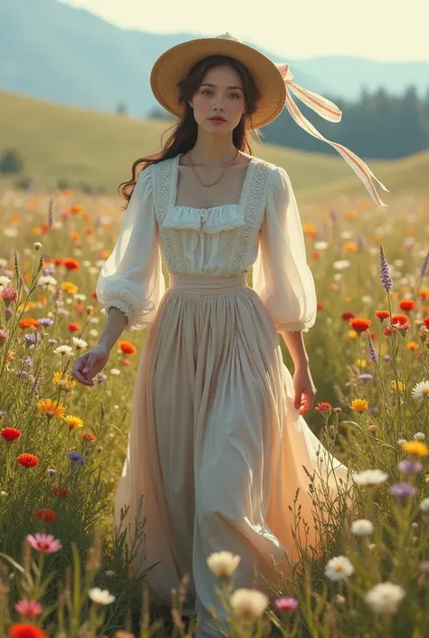 Caucasian woman in 1800s style shirt and skirt, wearing a wide brim hat. Walking in a field of wild flowers. 