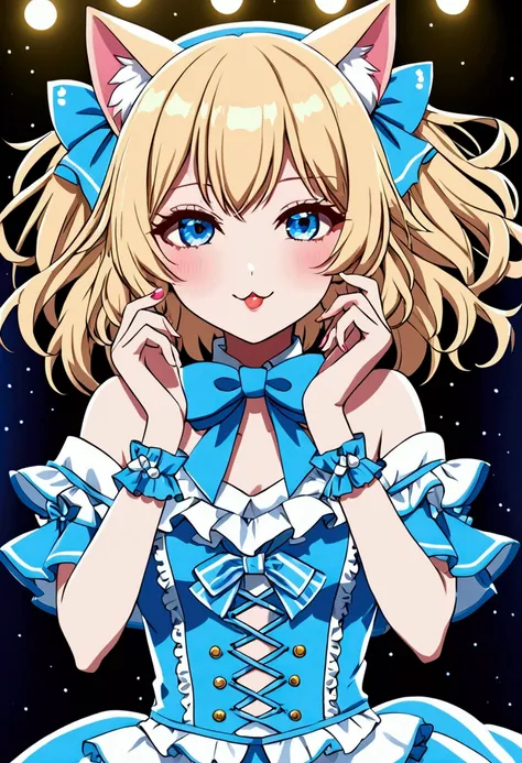 cat girl, neko girl Idol, girl short blonde hair blue eyes, Idol, neko girl kawaii, roupa de Idol, makeup, eyelash, blue lipstick, cute clothes, palco de show, colored spotlights, happiness, music.