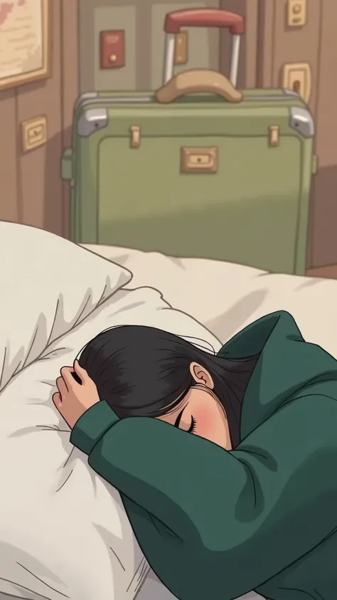 Woman 30, long straight black hair, wearing hunter green hoodie and blue pajama silk shorts, in bed covering her face with hoodie sleeping in white sheets. At sea cruise bedroom. Show luggage in the background. Pixar cartoon