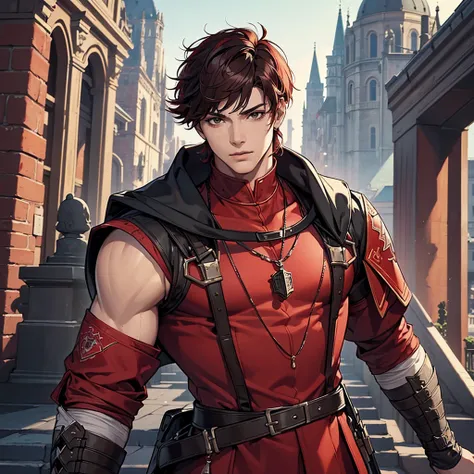 High resolution, masterpiece, Anatomically correct, Winner of numerous awards, Ultra high definition, Textured skin, male、2、tall、Muscular、((Wears red and black adventurer clothing)),Black short hair、The front hair is up、((((solo,)))),The background is a me...