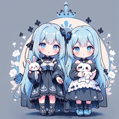 Chibi、Royal blue background、Black clothes、Long sleeves with flared cuffs、Shoulders are exposed、One-piece flared skirt、A rabbit holding a stuffed toy in one hand、Black and royal blue palette、Gothic Shoes、Front facing、Black Rose、🌙、Perfect Anatomy、heart、