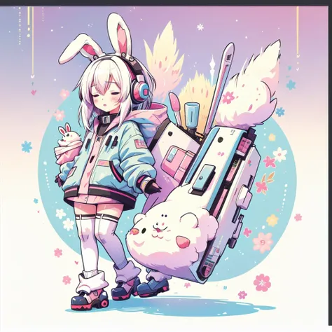 wonderful, Full Body Shot, Vibrant colors, Anime white hair girl with sci-fi headphones,Wearing rabbit ears, Cyberpunk Outfit, AR Vision, Close your eyes and relax , Cute art style, Anime Style 4k, Cute stuffed rabbit