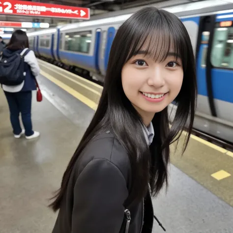 A single young Japanese woman with long black hair, wearing a black lingerie set under a casual jacket, stands confidently on the platform at Tokyo Station. All signs and text in the background are written in Japanese. She smiles warmly, looking into the c...