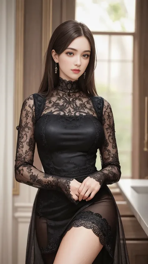 (Masterpiece:1.2, Best quality), Realistic, (Real picture, Intricate details, Depth of field), parted lip, High neck lace skirt，highly  detailed, Perfect face, Perfect body, Large models,
Mature woman, Tall, Long legs, 
Natural background bokeh