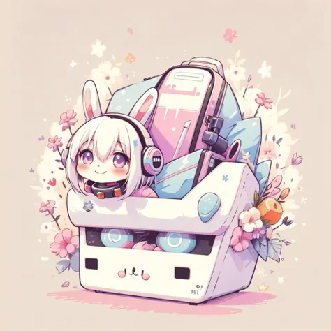 wonderful, Full Body Shot, Vibrant colors, Anime white hair girl with sci-fi headphones,Wearing rabbit ears, Cyberpunk Outfit, AR Vision, Happy smile, Cute art style, Anime Style 4k, Cute stuffed rabbit