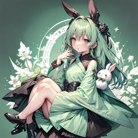 Handsome face、Chibi、Mint Green Background、Black clothes、Long sleeves with flared cuffs、Shoulders are exposed、One-piece flared skirt、A rabbit holding a stuffed toy in one hand、Black and mint green palette、Gothic Shoes、Front facing、Black Rose、🌙、Perfect Anato...