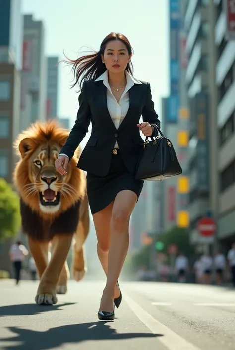 Realistic、Realistic、photo shoot、Best Quality、Ultra-high resolution、Downtown Tokyo、woman、ライオンから逃げるwoman、、Full speed ahead、Serious expression、business suit、skirt、Handbags、High heels