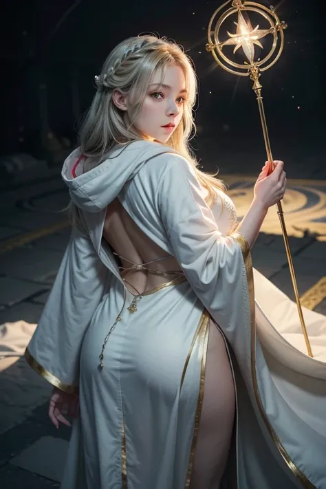 She has huge breasts, a plump body and a big ass., A graceful and serene female white mage dressed in elegant, flowing robes that radiate purity and healing power. Her long, white robe is trimmed with soft gold or silver embroidery, featuring intricate sym...