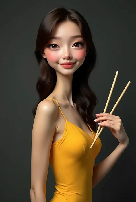 Russian Girl with Long Face, long face, with a slightly snub nose, god, smiles beautifully, in a yellow cocktail dress, in one hand he cheerfully holds two chopsticks for sushi, hair dark brown. professional shooting, daylight from the side, dark gray back...