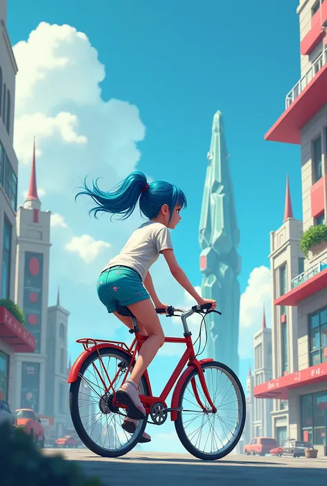 a girl sitting on top of bicycle, dolphin shorts, blue hair, ponytail, A complex crystal structure in a futuristic city
