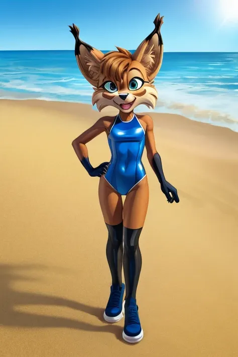 lynx cartoon skinny slim in blue lycra swimsuit on beach with happy face