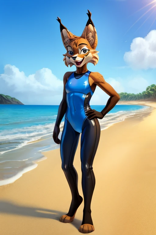 lynx cartoon skinny slim in blue lycra swimsuit on beach with happy face