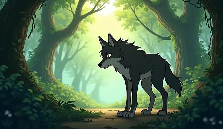 A sad wolf in the jungle in animated version 