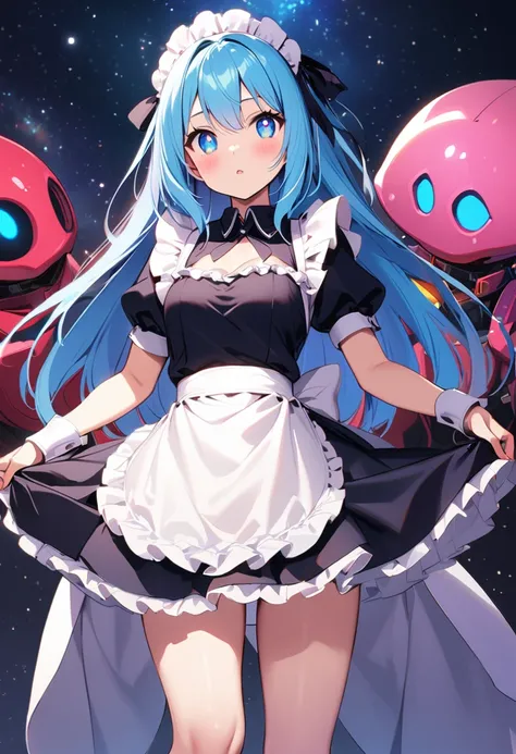 Girl, Alien, light skin, short blue hair, starry eyes, maid outfit, cute, medium chest, space, Andromeda