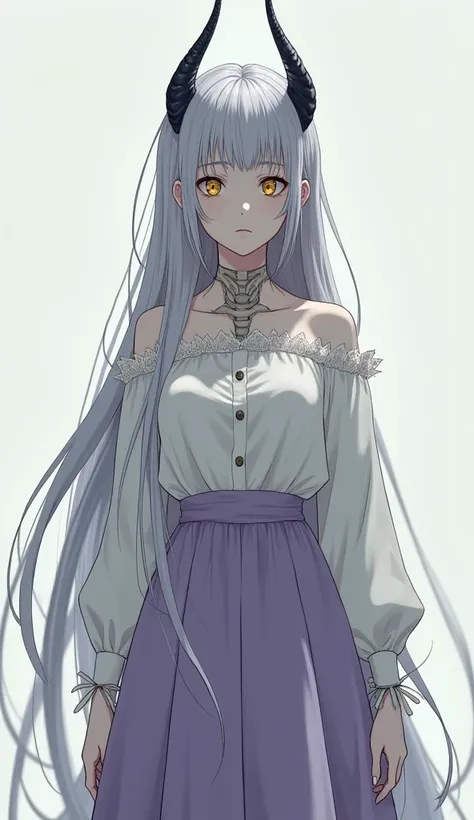 Gray and white super long hair、pale complexion、Golden Eyes 、Partial skeleton exposed、A pair of dragon horns grow from the head、The expression was serious、Tall and thin、Wearing a white women&#39;s lace shirt and a lavender skirt、anime style、whole body、High ...