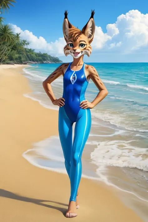 Lynx cartoon skinny slim in blue lycra swimsuit on beach with happy face