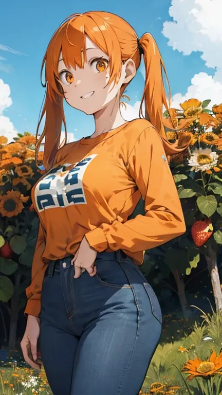 1 female, orange eyes, orange hair, twintails hair, freckles, huge breast, thick legs, orange long sleeve shirt, dark blue jean, long jean, blue sky, grass, flowers, eating, strawberry, happy face