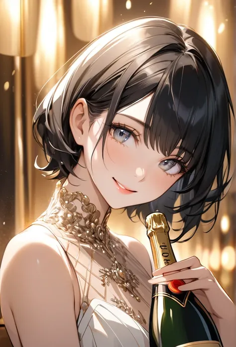 Upper body close-up（((masterpiece), on)""Perfect face, short black hair, beautiful eyes, Japanese, clean facial features, she is wearing an elegant dress and holding a bottle of Moët & Chandon, smiling confidently. Her expression is full of grace and elega...