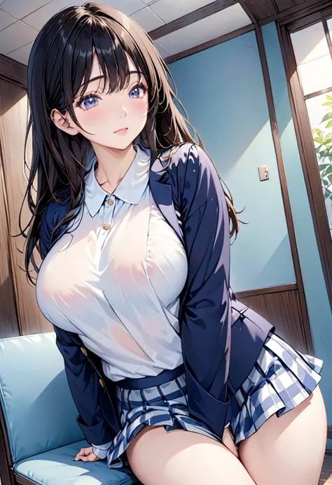 pretty girl、Large Breasts、g-cup、Schoolgirl uniform、Long Black Hair、((blazer、The button on the blouse near the chest is about to come off.、Checkered mini skirt))、Black long Hair、Blushed、shy、Small Butt,waiting room、超High resolution, Textured skin, High resol...