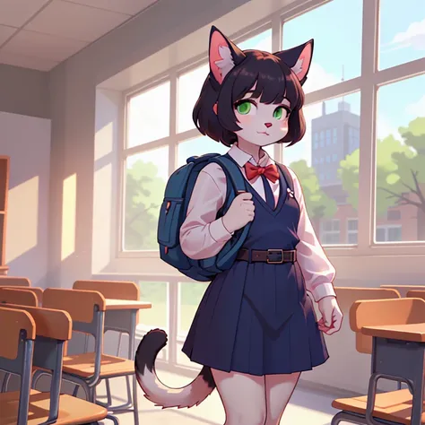 1girl, cat ears, tail, nice hands, perfect hands, green eyes, backpack, pinafore dress, white shirt, white socks, long sleeves, aged down, short hair, belt, red bowtie, bangs, school uniform, blue dress, collared shirt