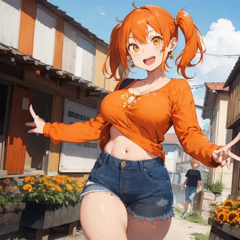 1 female, orange eyes, orange hair, twintails hair, freckles, huge breast, thick legs, orange long sleeve shirt, belly button, dark blue jean, long jean, blue sky, grass, flowers, eating, strawberry, happy face, open mouth, sexy pose, fish earrings, hot po...