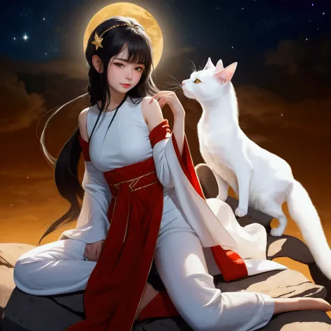 Girl with white cat sitting on a rock, a beautiful narrow woman,  4K, narrow, full moon,Starry Sky, Highly detailed photos,A seductive gaze ，Golden Eyes,Large Breasts,Young face,Golden ratio depiction 