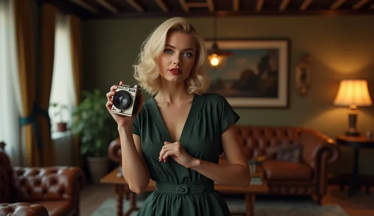 portrait of a 4 blonde French woman from 1940, period dress, genuine leather, sitting takes a selfie like a smartphone, (living room with period furniture, moody soft light: 1.2)