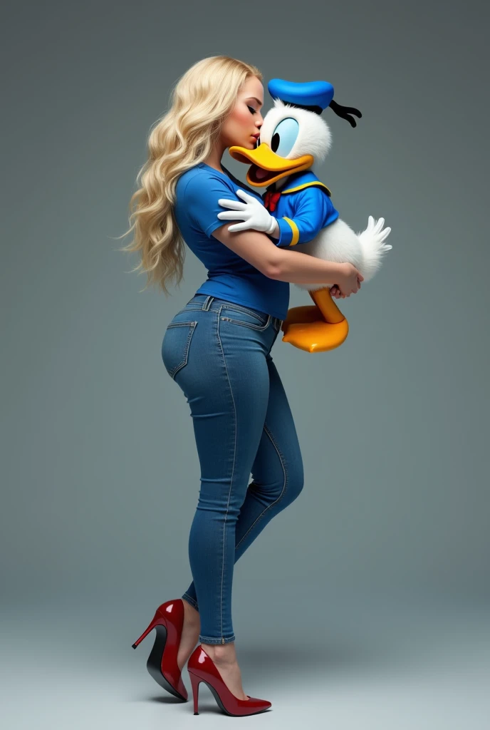 dove cameron carried and kissed donald duck on the lips. dove cameron is wearing blue polo, blue high heels, and skinny blue jea...