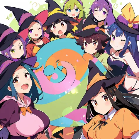 Teen witches series, witch outfits, wizard hats, womans surrounding, multiple womans, curvy body