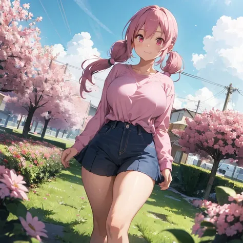 1 female, pink hair, twintails hair, pink eyes, huge breast, thick legs, pink long sleeve shirt, pink jean, long jean, pink sky, grass, pink flowers, strawberry, cherry, grape, walking