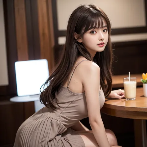 Gray matte pleated dress，,Side view，laughing out loud，knee shot, (There is a table with food on the chest)，(1 female), light brown hair, blunt bangs, hair behind ears, Shoulder length hair, long hair, Slender body shape, 超face slimming型, face slimming, del...