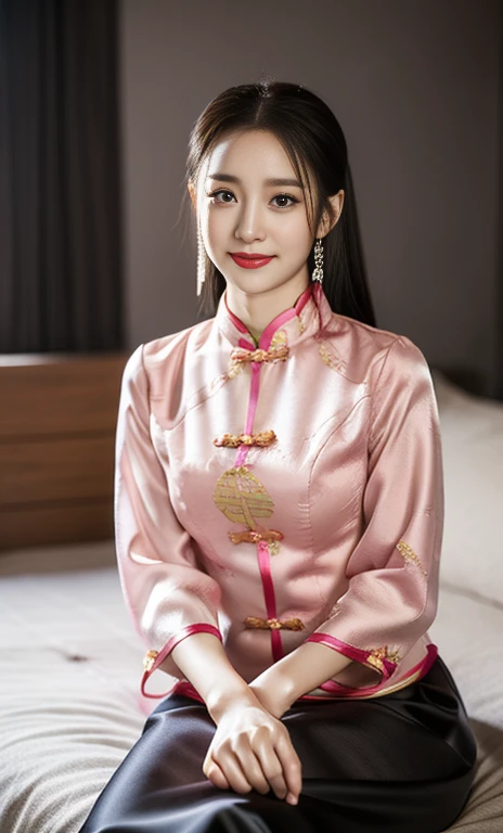 {1girl, gorgeous & youthful lady, traditional chinese qipao, hanfu, silk translucent long sleeves, short black hair, short ponyt...