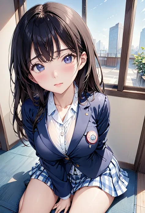 pretty girl、Large Breasts、g-cup、Schoolgirl uniform、Long Black Hair、((blazer、The button on the blouse near the chest is about to come off.、Checkered mini skirt))、Black long Hair、Blushed、shy、Small Butt,waiting room、超High resolution, Textured skin, High resol...