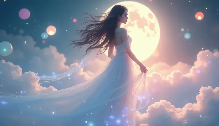 A beautiful sexy Asian woman, Change wearing a thin, flowing white dress stands gracefully in a mysterious, mystical scene. The dress is thin and slightly transparent, sparkling with a soft, magical light. The woman is surrounded by glowing orbs, colorful ...