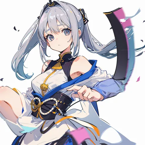 One girl, Gray Hair, Small breasts,  Simple Background, Portrait Twin Blade, Unique and cute hairstyle、