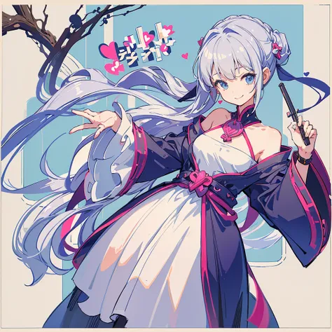 one girl, handsome face、gray hair, small breasts,  simple background, portrait twin blade, unique and cute hairstyle、smile、a gia...