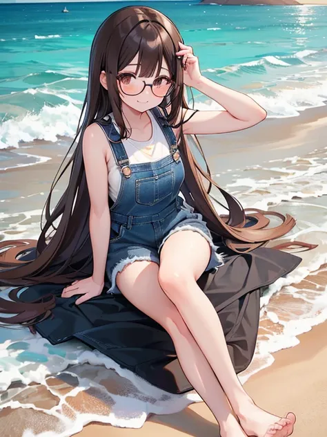 1 female、Brown hair、Brown eyes、Black frame glasses、seductive 、beautiful faces、perfect body。whole body, Best Quality、ultra detailed、8k resolution、photo and rude。Running on the beach。sleeveless shirt, barefoot, evening gown、denim shorts overalls。, a smile。sa...