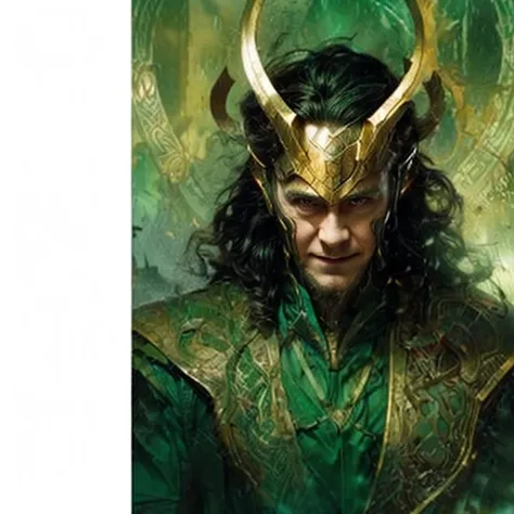 loki, the norse god of mischief, portrayed in a majestic landscape. he stands proudly in a green and gold tunic, his flowing cap...