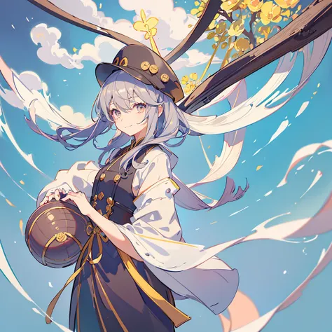 one girl, handsome face、gray hair, small breasts, portrait twin blade, unique and cute hairstyle、smile、a giant heart-shaped magi...