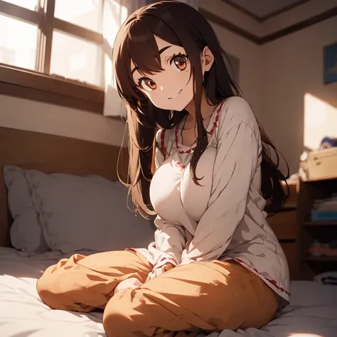 1 female, brown long anime hair, huge breast, teenage girl, brown eyes, thick eyebrows, pajamas, pajamas short, short short, house, thick legs, bedroom, sitting down, smile, teeth, one finger

