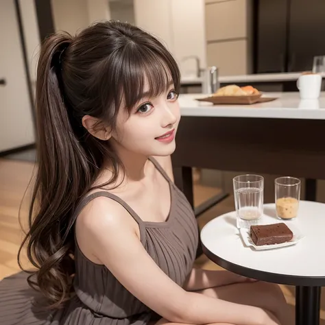 Gray matte pleated dress，,Side view，laughing out loud，knee shot, (There is a table with food on the chest)，(1 female), light brown hair, blunt bangs, hair behind ears, Shoulder length hair, long hair, Slender body shape, 超face slimming型, face slimming, del...