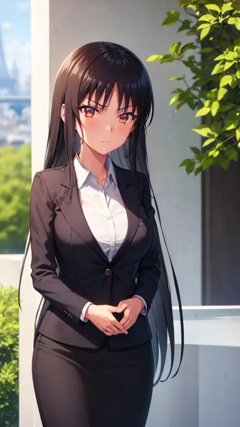 1girl, suzune horikita, suit, office lady, black skirt, black blazer, pencil skirt, white shirt, collared shirt, long hair, teenager, looking at viewer, full body, europe, france, paris, eiffel tower